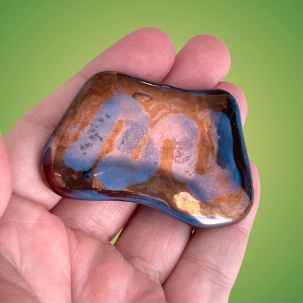 Signed vintage abstract ceramic brooch JWE coppery blue